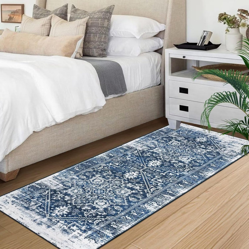 2x6 Washable Vintage Runner – Non-Slip, Foldable, Thin Distressed Rug for Hallway, Kitchen, Bathroom (Blue), Runner 2' x 6'