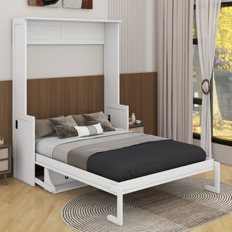 Grand lit escamotable avec bureau, DEL et USB, Blanc