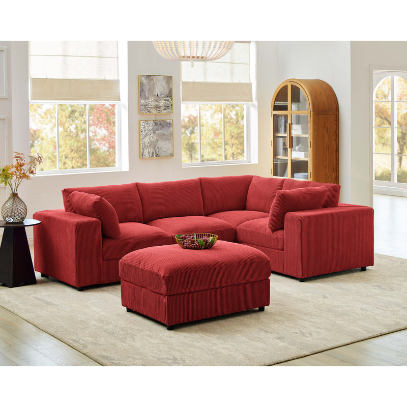 Blewle Corduroy Upholstered Modular Sectional, Red Corduroy