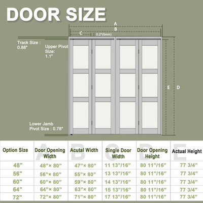 48“x80" Double Bifold Door 3-lite Glass Door Solid Wood With Installation Hardware Kit