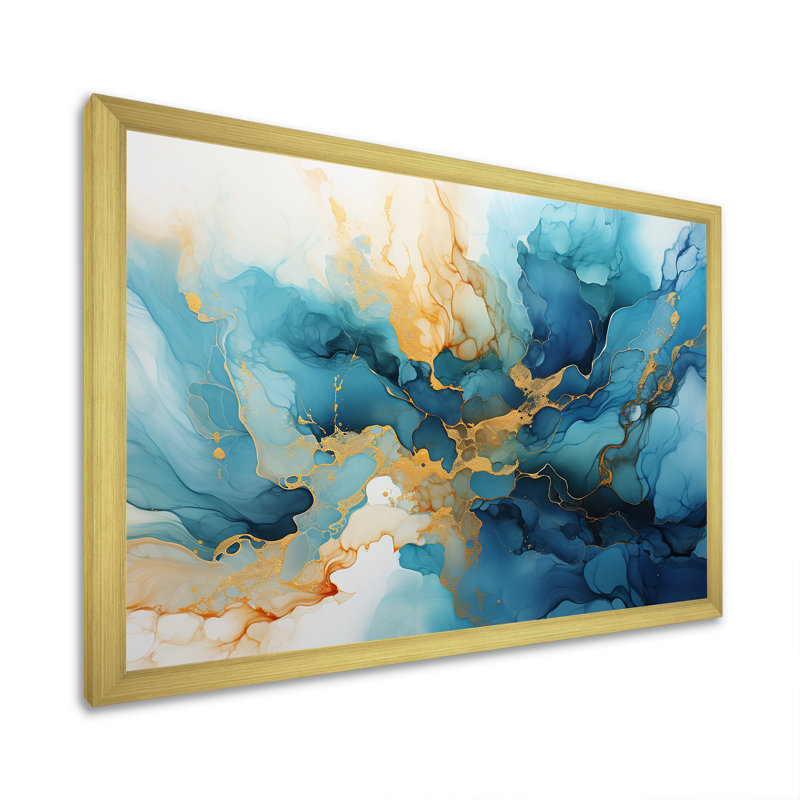 «Blue River», art mural bleu, Cadre doré simple, H 30 po x l 40 po x P 1,5 po
