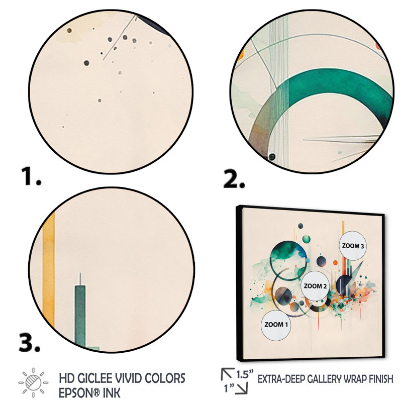 Art géométrique multicolore aquarelle II - peinture sur toile, H 24 po x l 24 po x P 1 po, Toile avec cadre flottant noir