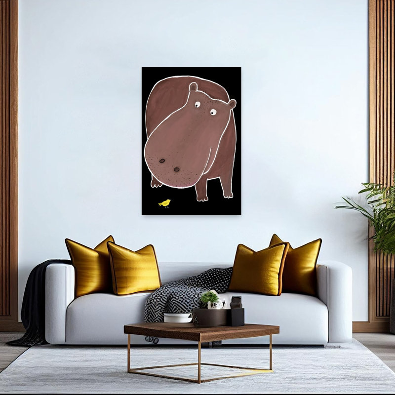 Curious Hippo And Bird Contemporary Bird Nature Wildlife Wall Art Print 1 Piece Wrapped Canvas Wall Art