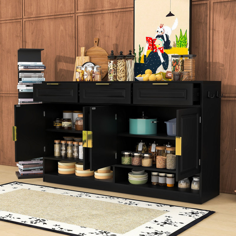 Farmhouse Sideboard Buffet with Adjustable Shelf, 3 Drawers, 4 Doors and Open Compartments, Black