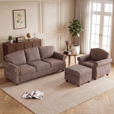 Traditional Chenille Living Room Sectional Couch Furniture Set, Funchess Collection, 3-Seater Sofa With Nailhead Trim, Comfy Upholstered Arm Chair And Storage Ottoman For Apartment Home, Brown