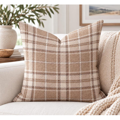 housse de coussin à carreaux beige et brun pâle
