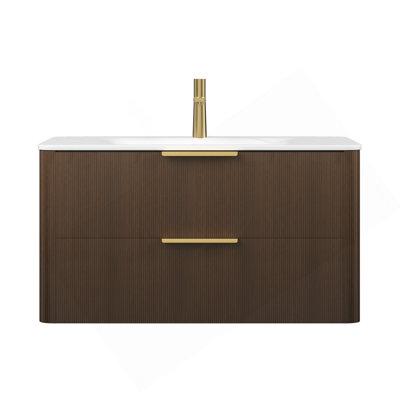 36" Bathroom Vanity With Sink, Floating Ultra-Pinstriped Plywood Storage Cabinet With Drawers, Carrara White Sintered Stone Hot-Bent Integrated Basin, Pre-Assembled, Italy Walnut Woodgrain Color