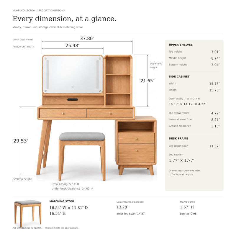Natural Wood Makeup Vanity Set with Mirror, 4 Drawers, Open Shelves and Gray Upholstered Stool
