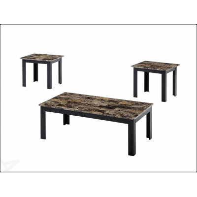 Ensemble de 3 tables basses et tables de bout de style traditionnel avec plateau en faux marbre et pieds en bois, finition brune