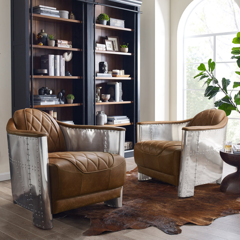 Alvenia 31.1"W Tufted Genuine Leather Accent Armchair, Chocolate