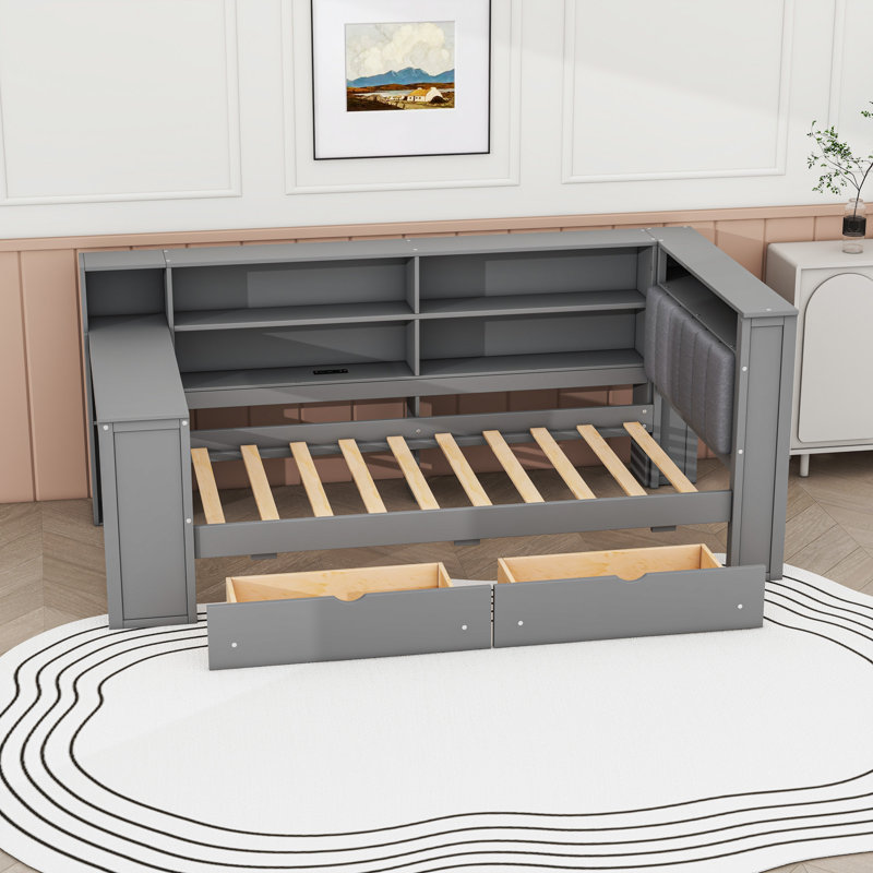 Lit plateforme en bois 2 tiroirs avec tablettes, station de charge et bureau, Lit simple, Gris