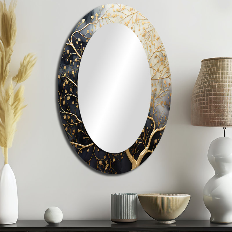 Golden Branch Tree Luminous Tangle II - Tree Monochrome Round Mirror Wall Decor, 36 po x 24 po, Ovale