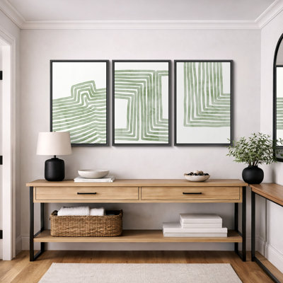 Geometric Line "Soft Sage Green Stripes Linear Artwork, Organic Modern Abstract Minimalist Wall Pictures, Framed Canvas Giclée Print 3 Pieces Wall Art" 16"x24"x3 pcs, 24"x36"x3 pcs
