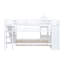 Lit superposé double de style château avec tiroirs et tablettes de rangement, bois massif blanc