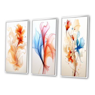 Watercolor Modern Floral In Orange - Abstract Liquid Ink Art Set Of 3 Pieces