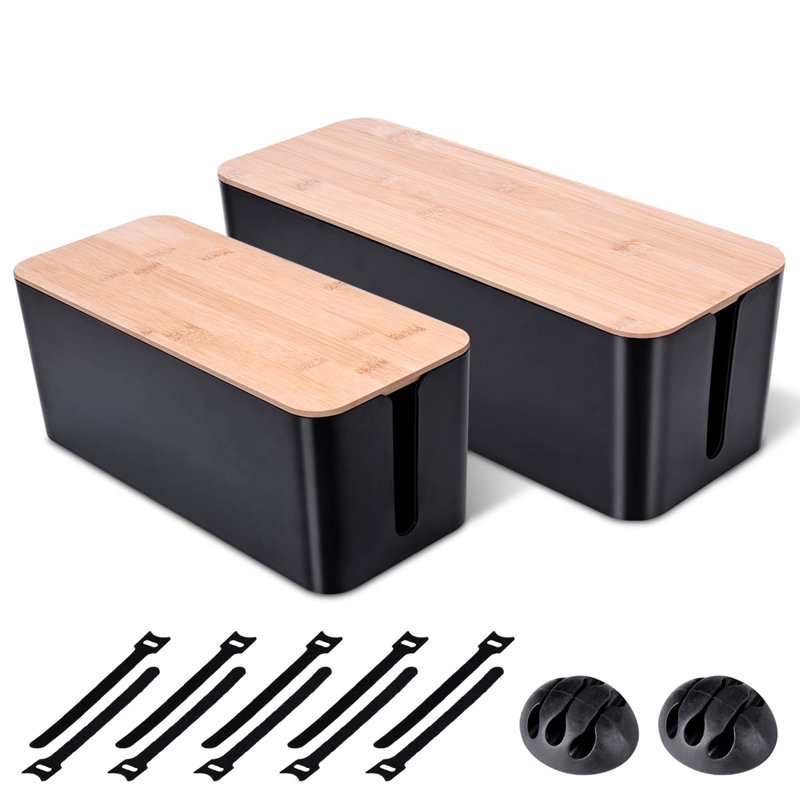 Ensemble de 2 grandes boîtes de gestion des câbles - Boîte de rangement pour câbles en bois et housse pour fils de télévision, ordinateur, routeur, concentrateur USB et multiprise, noir