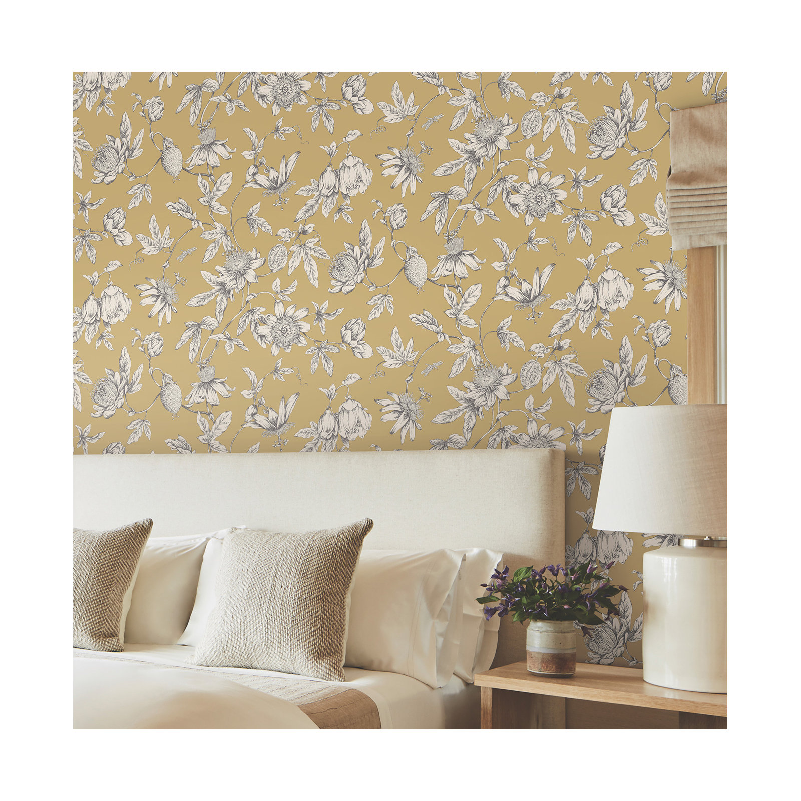 Passion Flower Toile Floral Wallpaper, Harvest