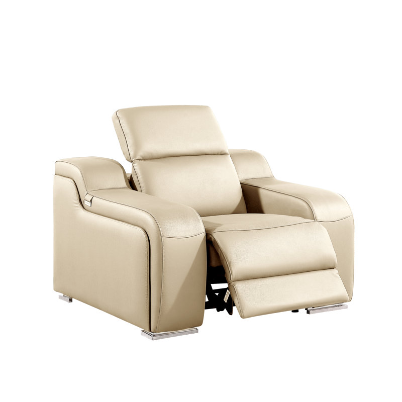 Divanitalia Top Grain Italian Leather Power Reclining Chair With Power Headrests, Beige
