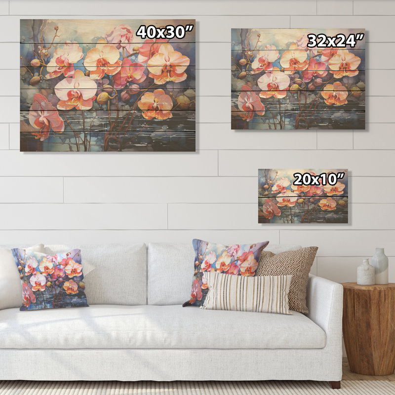 Rose et orange, expression sauvage, orchidées I - orchidées, art sur bois de pin naturel, H 24 po x l 32 po
