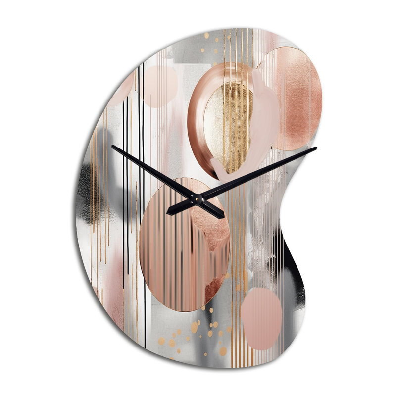 «Pink Stripes And Lines Modern Art II» - formes transitionnelles, forme irrégulière, horloge murale en métal, impression d'horloge murale asymétrique moderne