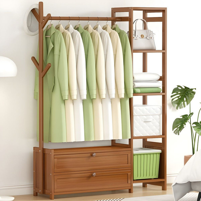 Portant à vêtements en bambou avec tablettes de rangement et portes - Organisateur de garde-robe autoportant, Brun