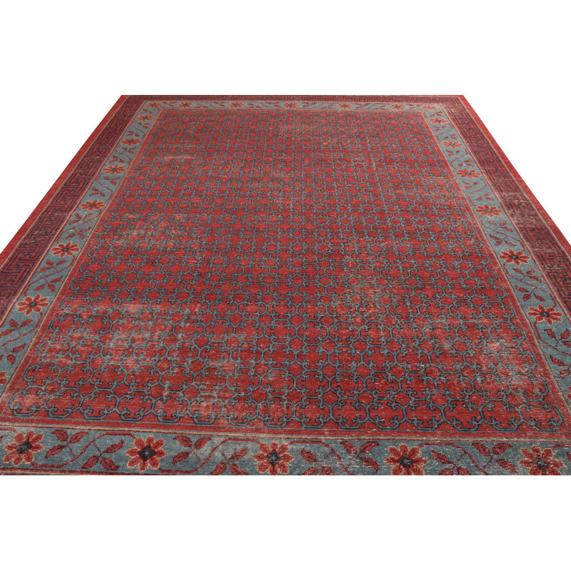 Distressed Homage Hand Knotted Wool Trellis Area Rug, Runner 3' x 8'