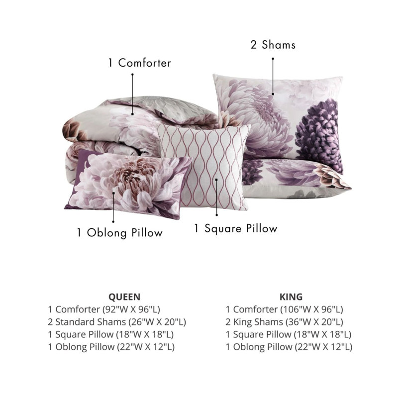 Bebejan Dahlia Purple 100% Cotton Sateen 5 Piece Reversible Comforter Set, Queen Comforter + 2 Standard Shams +2 Throw Pillow