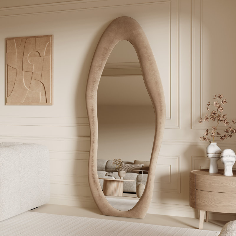 Amon Full Length 63" x 24" Mirror Velvet Wavy Floor Mirror, Dark Beige