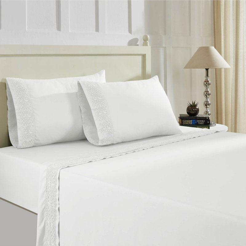 Rich Lace Hem Cotton Blend Sheet Set, Full Sheet + Fitted Sheet + 2 Pillowcases, White