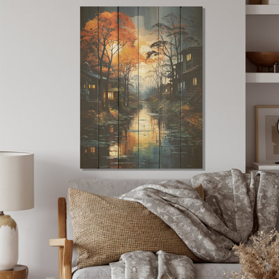 «Tranquil Lakes Rivers Urban Symphony I - Lake River», art mural sur bois de pin naturel