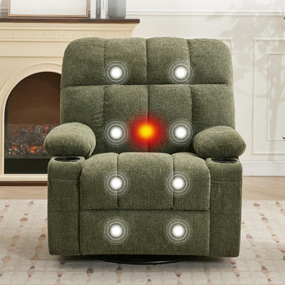 Fauteuil inclinable massant pivotant avec chauffage lombaire, fauteuil inclinable électrique surdimensionné en chenille, deux porte-gobelets et poche latérale, canapé inclinable pivotant à 360° pour personnes âgées, cinéma maison
