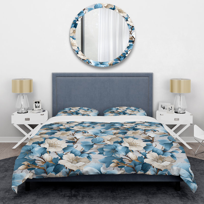 Ensemble de housse de couette à motif floral blanc et bleu Bliss, Housse de couette pour très grand lit et 2 très