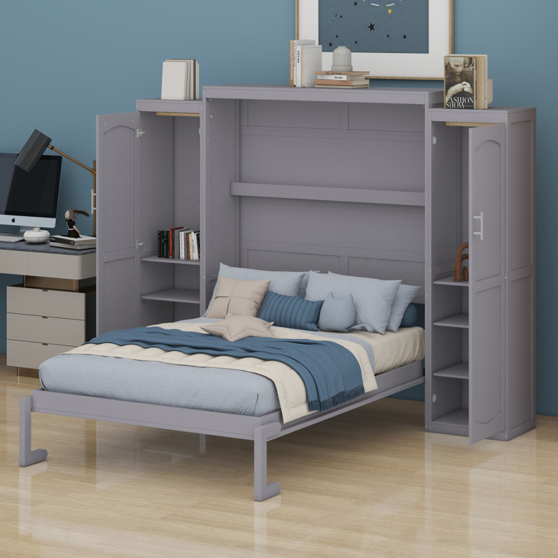 Lit plateforme pliable en bois avec garde-robe et tablette de rangement, Gris, Grand lit