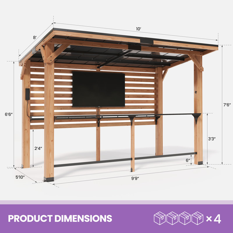 10' x 8' Solid Cedar Outdoor Gazebo Bar Pavilion with Built-In TV Mount, 90" H x 120" W x 96" D
