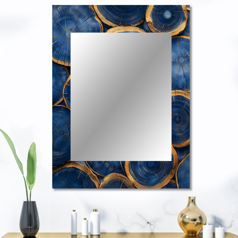 Mysteries Of Aqua Wood Slice II - Tree Decorative Mirror, Modern Wall Mirror, Printed Metal Art, 40" x 30"