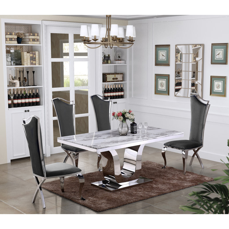 Amias Marble Top Pedestal Dining Set, Dark Gray, White/Silver, 5