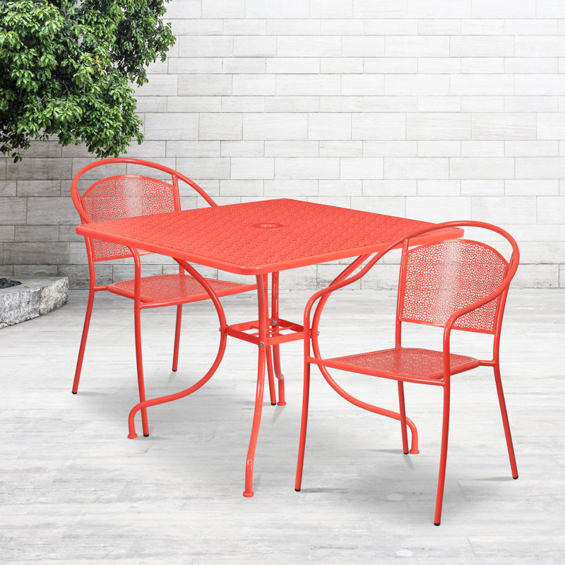 Ledoux 35.5'' Square Indoor-Outdoor Steel Patio Table Set with 2 Round Back Chairs, Coral