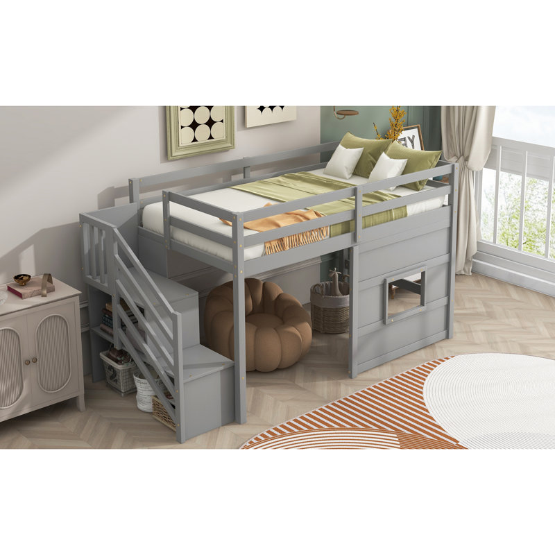 Twin Size Loft Bed With Storage Staircase And Joyful Window In Gray - Wood For A Playful Bedroom Space Strong, Gray