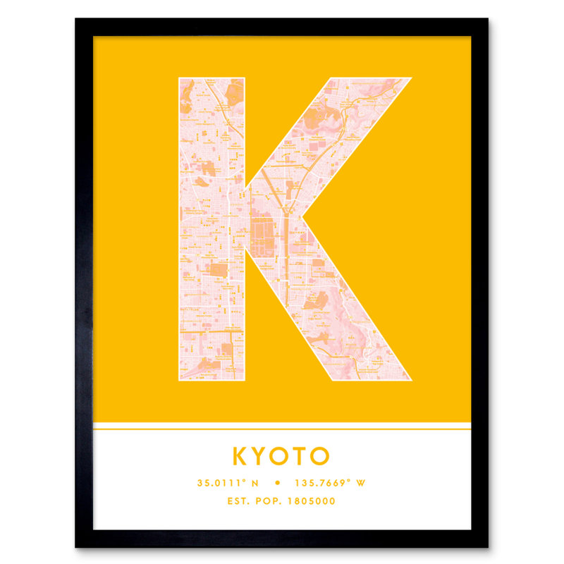 Kyoto City Map Kyoto Yellow - Single Picture Frame Typography