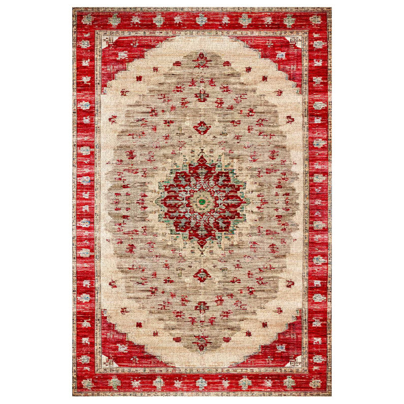 Marisol Burgundy Beige Oriental Machine Printed Cotton Polyester Area Rug, Runner 2'8" x 8'3"
