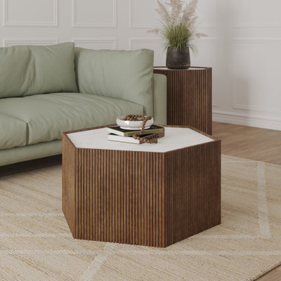 Transitional Marble/Solid Wood Fluted Handmade Coffee Table