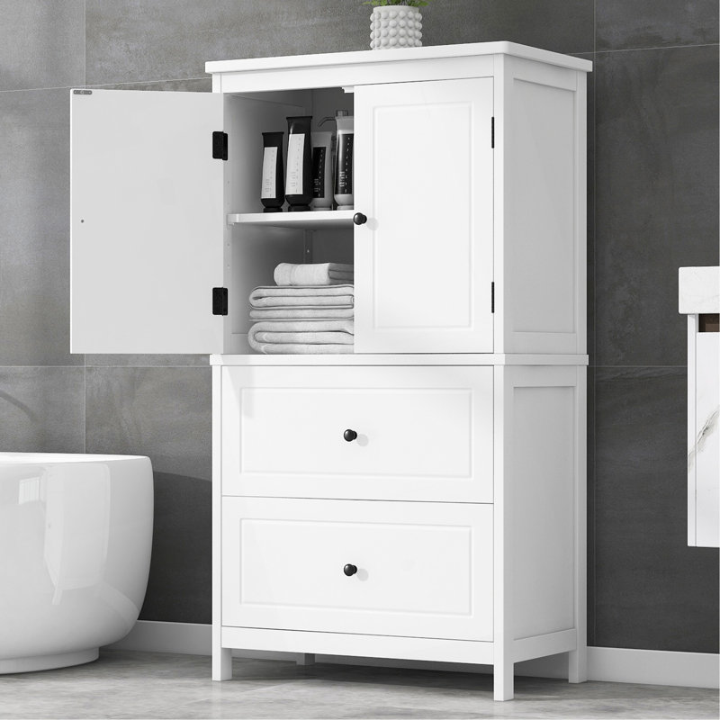 Bathroom Storage Cabinet, Cabinet With Two Doors And Drawers, Adjustable Shelf, MDF Board, White
