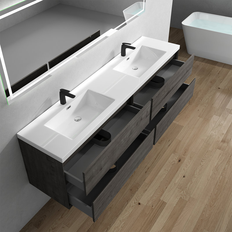 Seavy 83.4'' Double Bathroom Vanity with Plastic Top, Smoke Oak