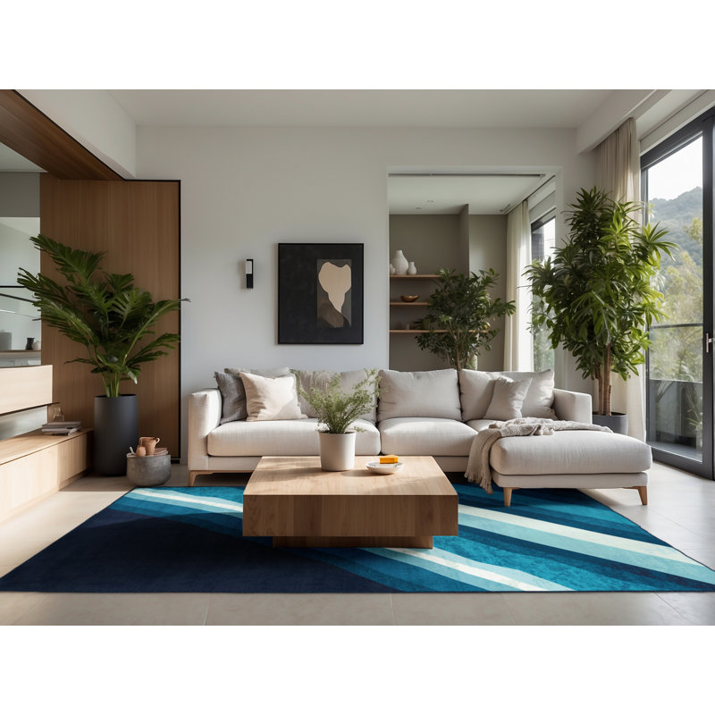 Tapis doux et moelleux à motif géométrique bleu et moderne Eberhard, 5 x 7