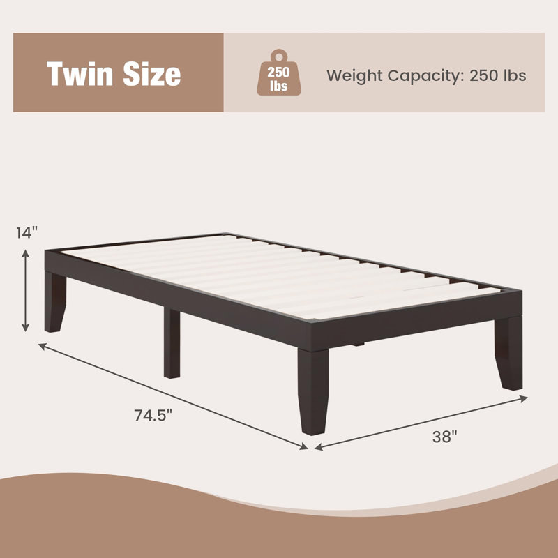 14 Inch Solid Wood Platform Bed Frame, Twin, Espresso