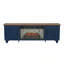 Console média avec foyer électrique bleu, foyer à effet braise, tablettes réglables, trous de cordon, grille à bûches