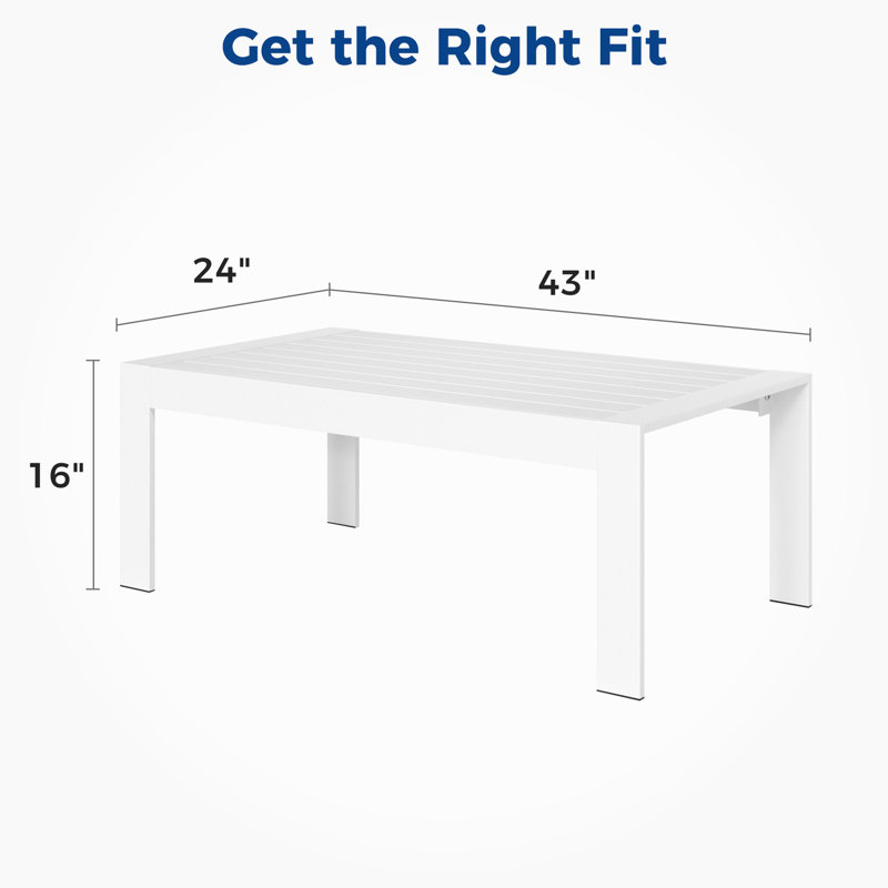 Table basse d'extérieur en aluminium de style blanc rectangulaire de style moderne avec surface facile à nettoyer et à organiser à l'extérieur pour une terrasse polyvalente