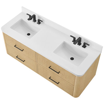 Francesca WM 60 Inch Double Wall Mounted Bathroom Vanity in Scandinavian Oak, Rounded White Quartz Countertop, Undermount Square Sinks (3-Hole), Matte Black Trim