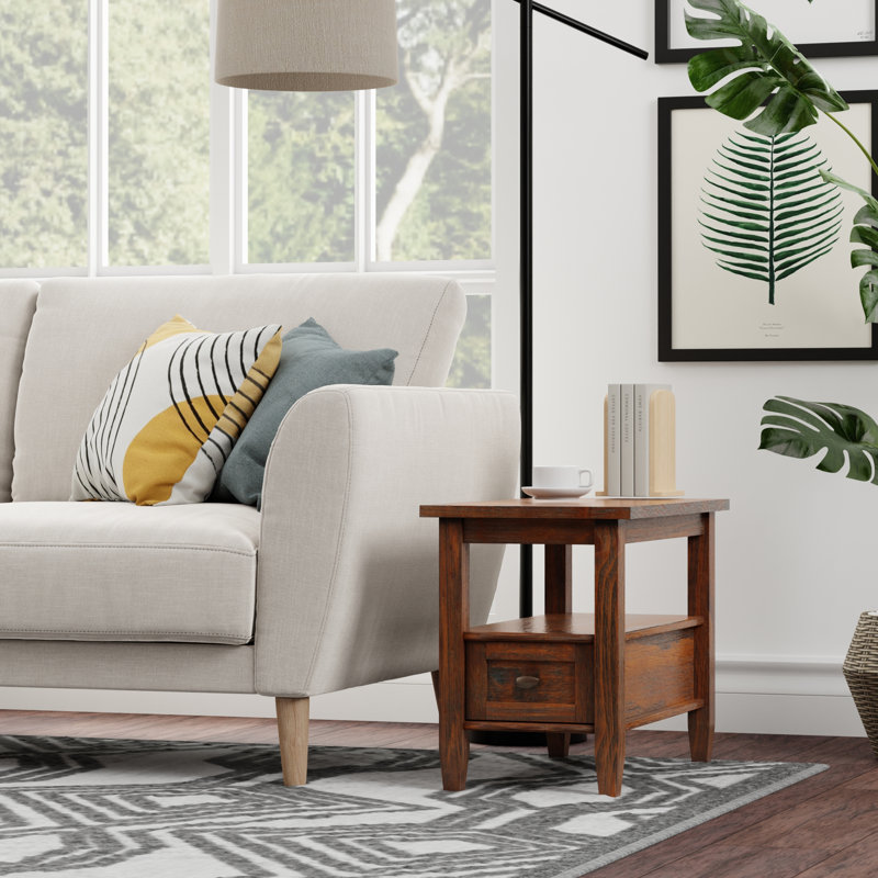 Warm Shaker Solid Wood Transitional End Table with Storage Drawer, Distressed Charcoal Brown, 14"