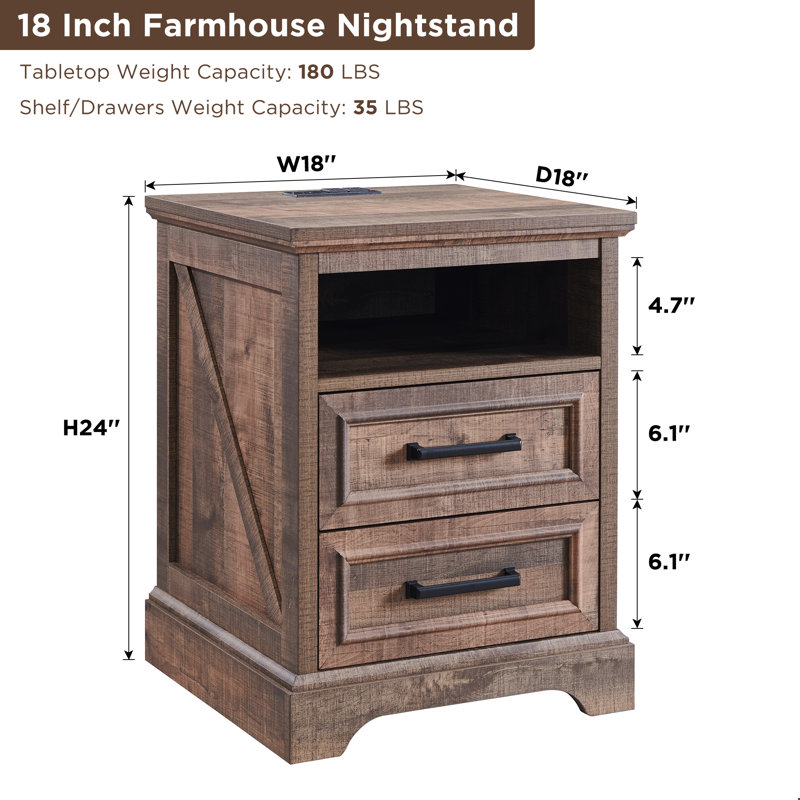 Breshauna 24" Tall Farmhouse Nightstand With Charging Station, Wood End Table With With 2 Drawers, Built-In Outlets